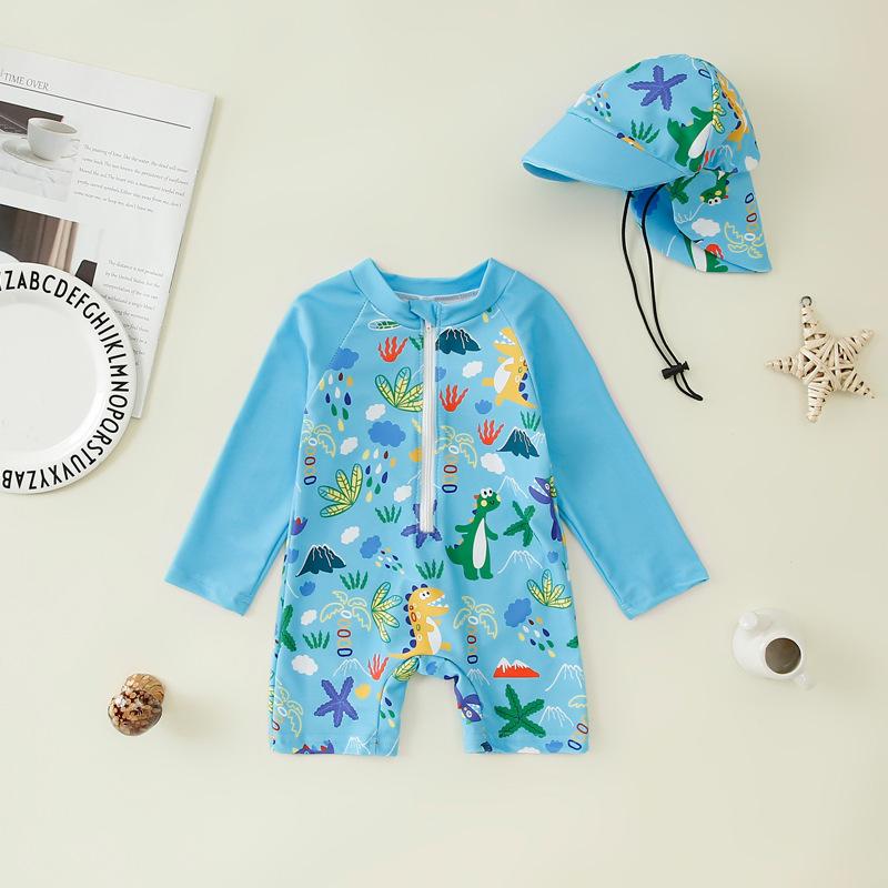 Boys' Full Print One-Piece Swimsuit Baby Boy Half-Placket One-Piece Swimsuit Children's Swimsuit + Hat