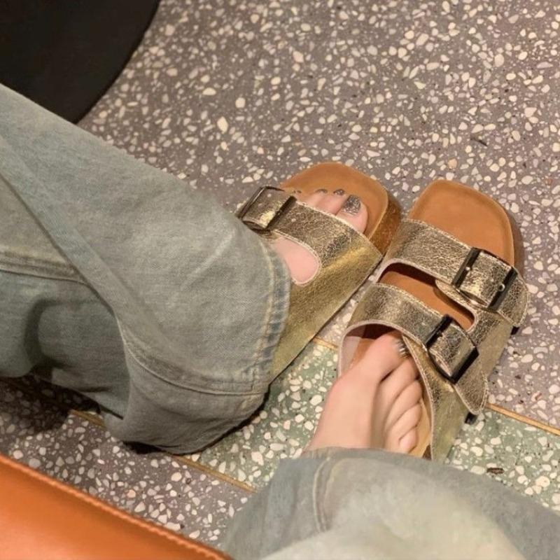 

~ Silver thick-soled women s summer outer wear lazy one-pedal flat-bottomed double-breasted casual slippers 35 золотой