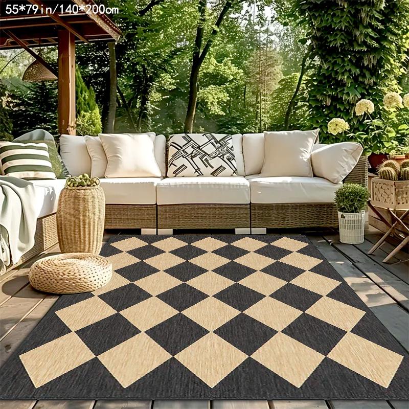 

1pc 700G Diamond Pattern Outdoor Mat - Machine Washable Durable Polyester, Black & Beige, 55 x79 (139.7x200.66cm) Large Patio 1pc Flannel 40x60cm