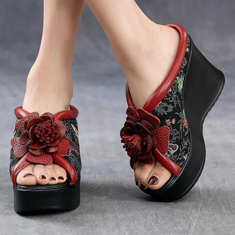 Fashion GKTINOO Ethnic Style Women Slippers Summer Embroider Flowers Wedges Open Toe Slippers Outside Genuine Leather Platform Slides