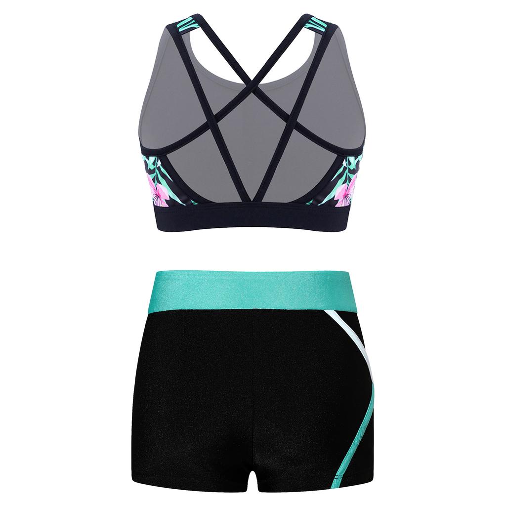 Completo Sportivo da Ragazza Senza Maniche Scollo a U Spalline Incrociate sulla Schiena Crop Top Stampato Pantaloncini a Vita Bassa Elastica