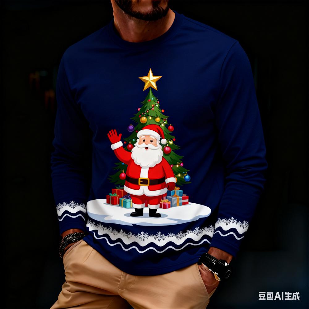 Fashionable Harajuku-style Christmas men's long-sleeve T-shirt, autumn casual round-neck loose top, fun Santa Claus design
