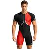 Men‘s Metallic Trim Color Block Swim Jumpsuit Short Sleeve Thigh Length Bodysuit with Back Hidden Zipper for Swimming Training