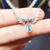 Double Angel Wing Paved Small Stone Dangling Light Blue Teardrop Stone Pendant Women Clavicle Necklace