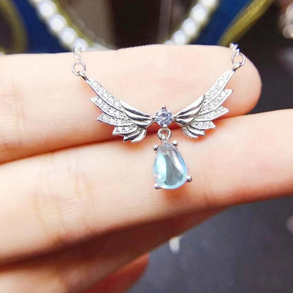 Double Angel Wing Paved Small Stone Dangling Light Blue Teardrop Stone Pendant Women Clavicle Necklace