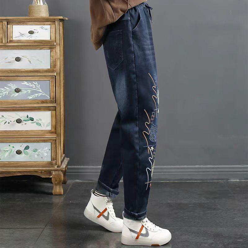 Jeansy z haftem Jeansy damskie Retro Literackie Aksamitne Wyściełane Wysokie Talie Damskie Ciepłe Luźne Codzienne Jeansy Jesień Plus Size