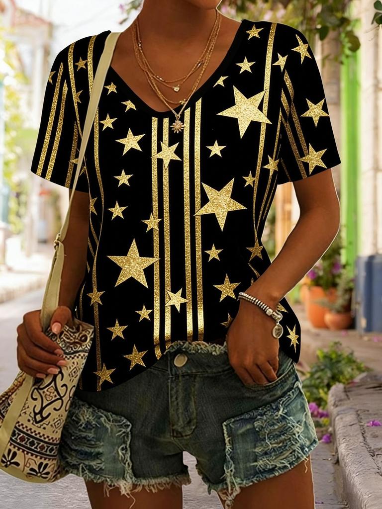 Summer Star Stripe 3D Print T-Shirts Women's Casual Short Sleeve V-Neck T Shirt Top Y2k Harajuku Tees Female Streetwear Clothing