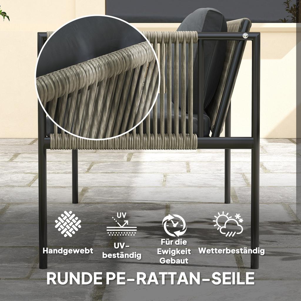 4-Piece Garden Furniture Set, 1 Sofa, 2 Armchairs, 1 Table with Glass Top, Cushions, Steel Frame, Plastic Rattan, Gray