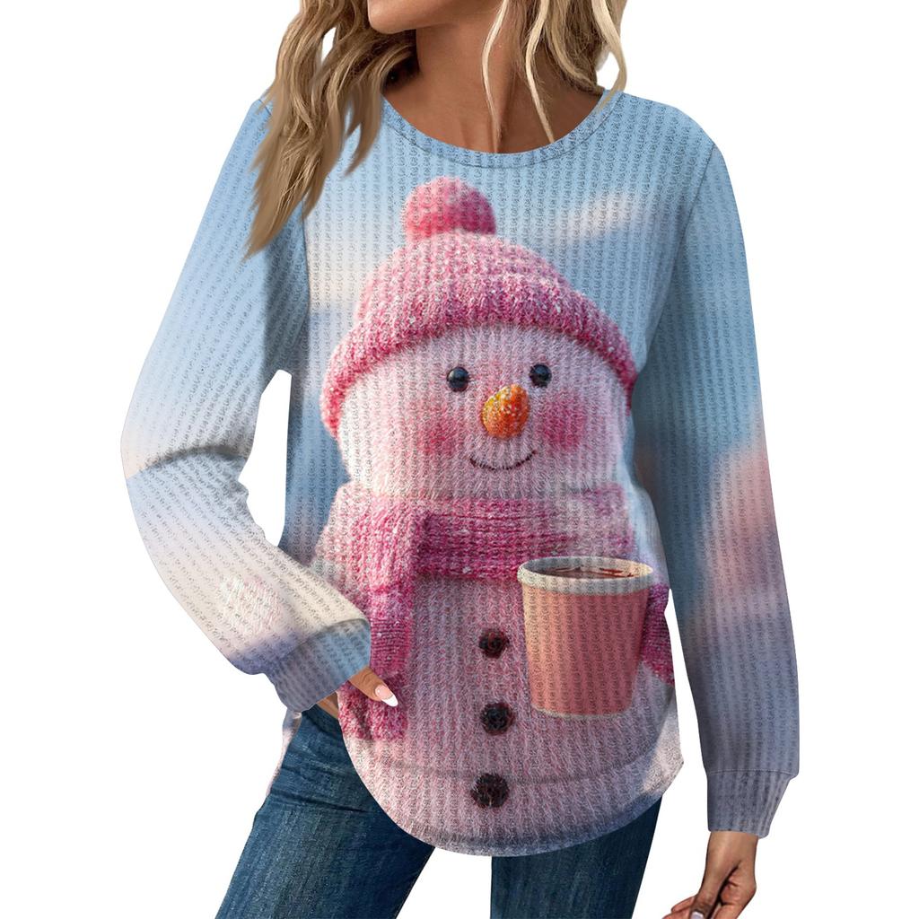 Dámská móda Ležérní Volný Top s kulatým výstřihem a dlouhým rukávem s vánočním potiskem