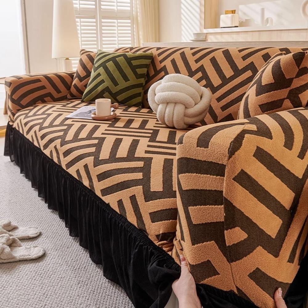 Jacquard Sofa Cover with Skirt Universal Full Coverage Stretch Slip Proof Fabric Couch Dust Protector