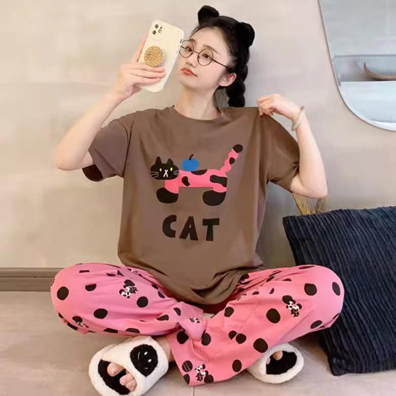 Damen Sommer Cartoon Pyjama Set - Rundhals, Kurzarm, Leichte Hose für Frühling & Herbst