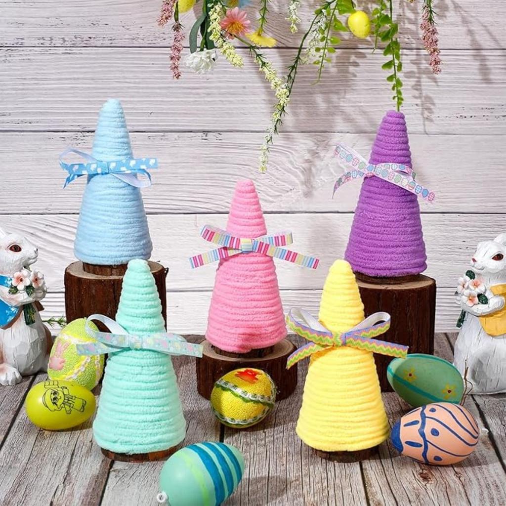 5 Pcs Easter Yarn Wrapped Mini Trees - Pastel Multicolor - Easter Decorations