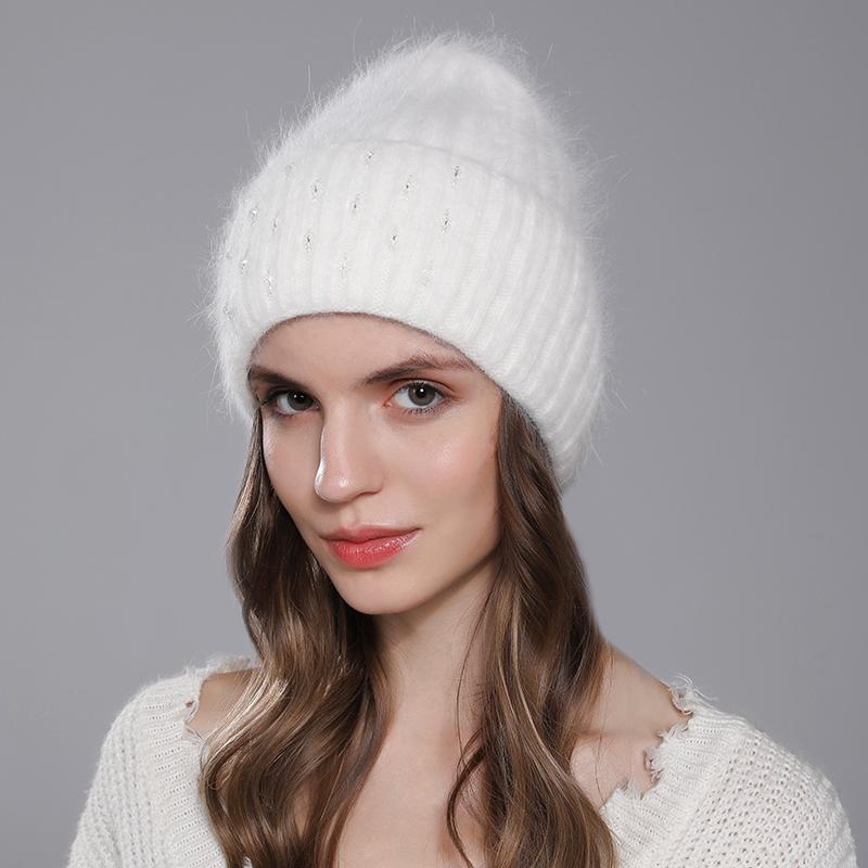 Winter Hat For Women Warm Knitted Angora Rabbit Fur Beanies Fashion With Bead Hats Female High Quality Casual luxury Cap