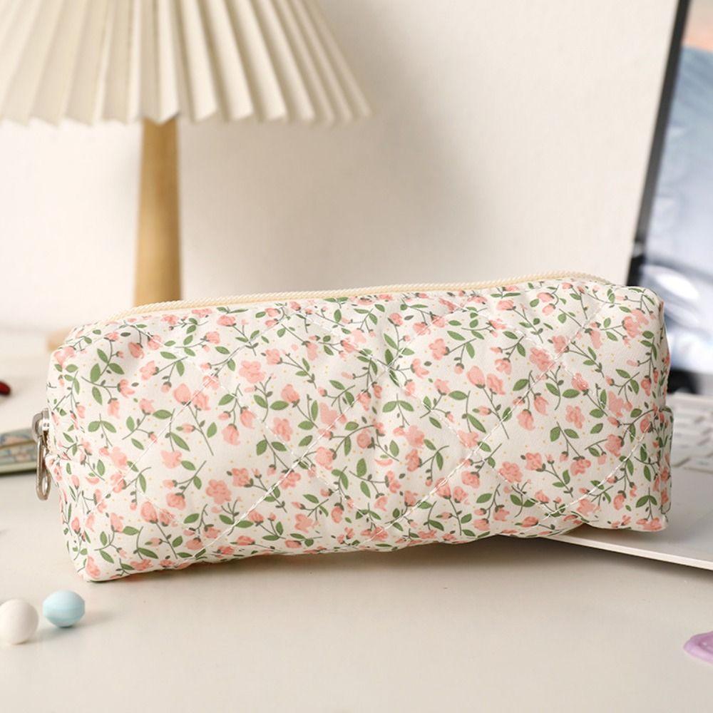 New Bowknot Floral Print Pen Bag Large Capacity Portable Storage Bag Multifunctional Stationery Bag School Office
