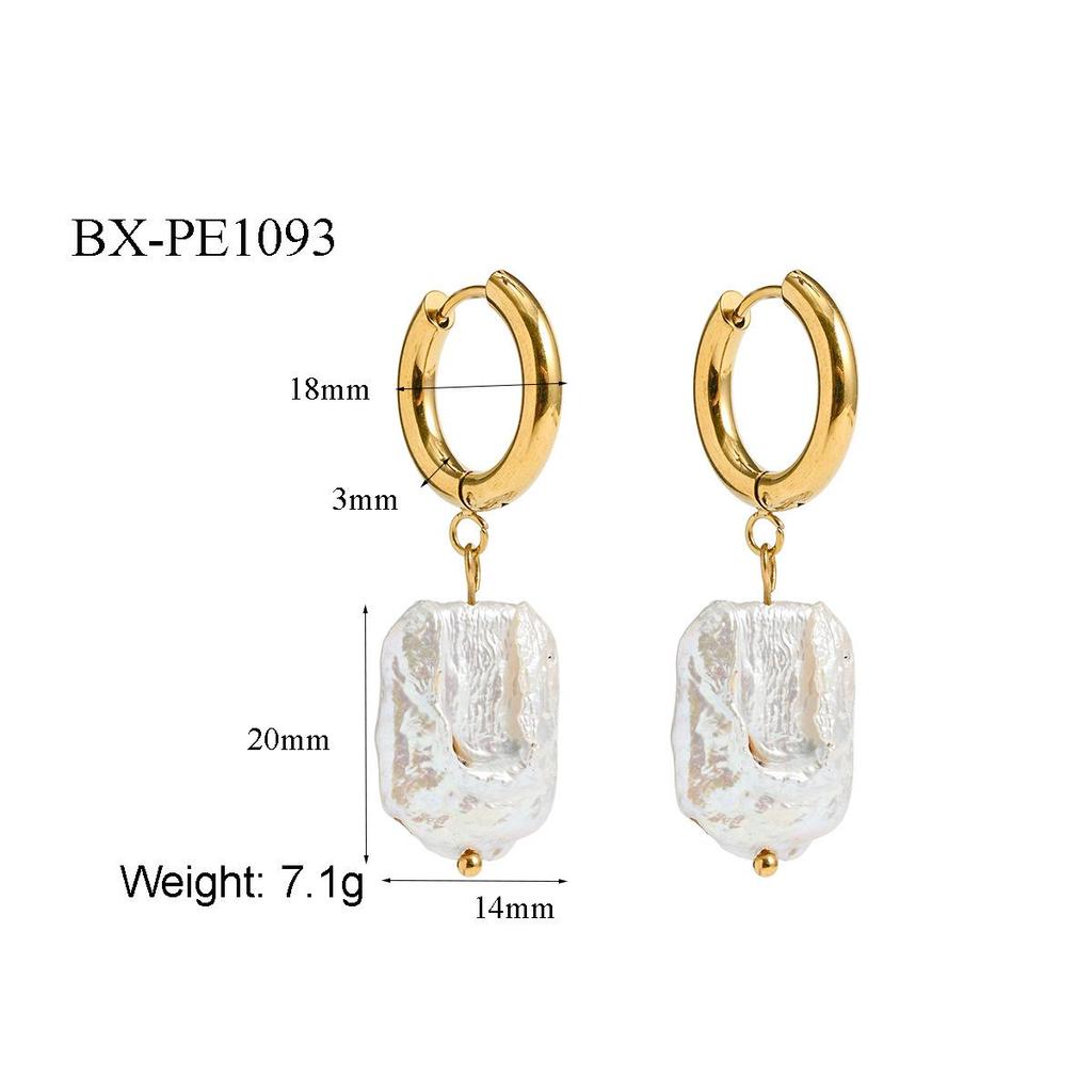 Cross-Border Fashionable Pearl Baroque Hoop Earrings, 18K Stainless Steel, High-End Look, Fade-Resistant.