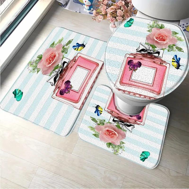 3pcs Set Perfume Flower Butterfly Bath Mat Bathroom Rugs Anti Slip Black White Stripes Bathtub Side Mats Doormat Carpet Decor