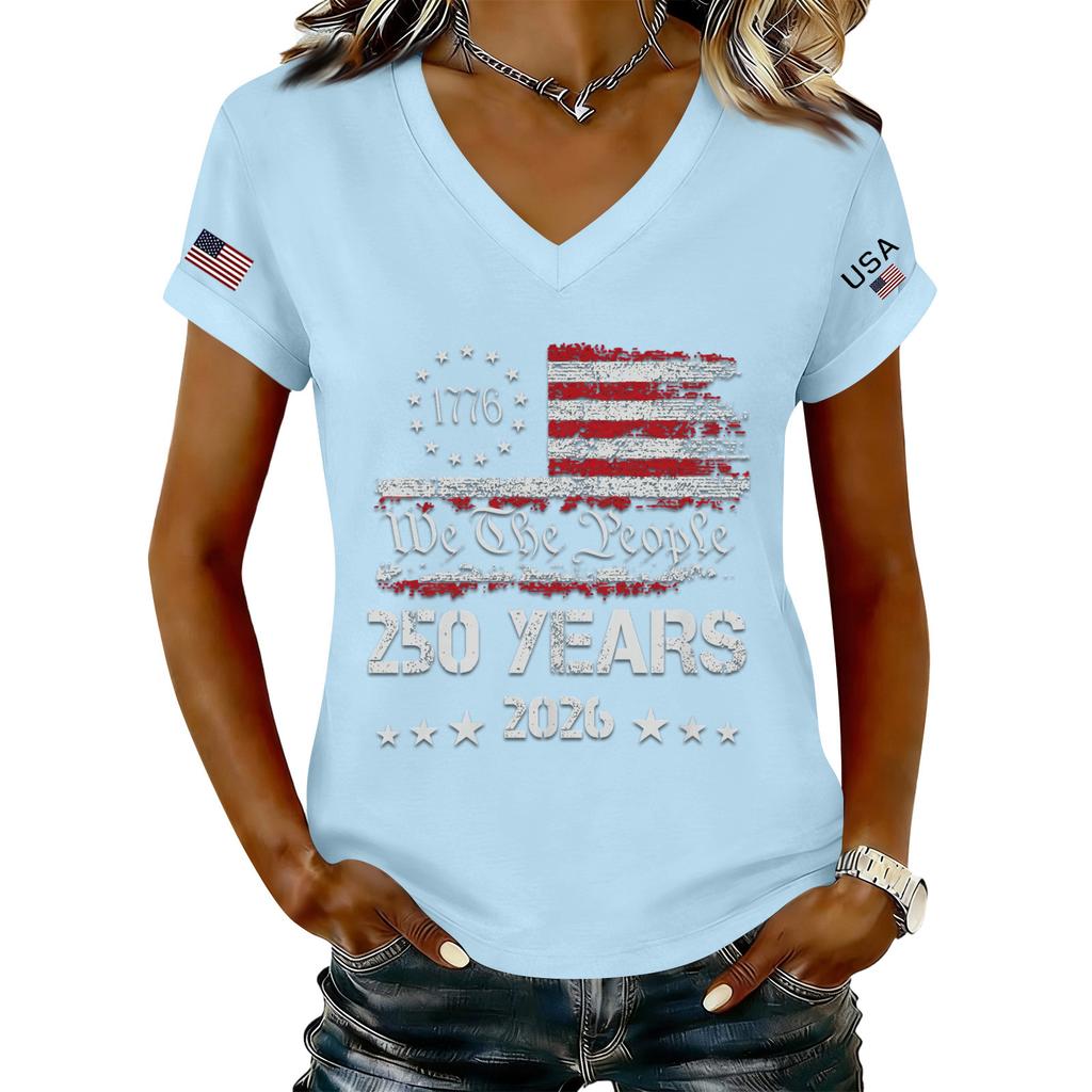 Women's Fashionable V-Neck Casual Retro Print Short Sleeved T-shirt Top