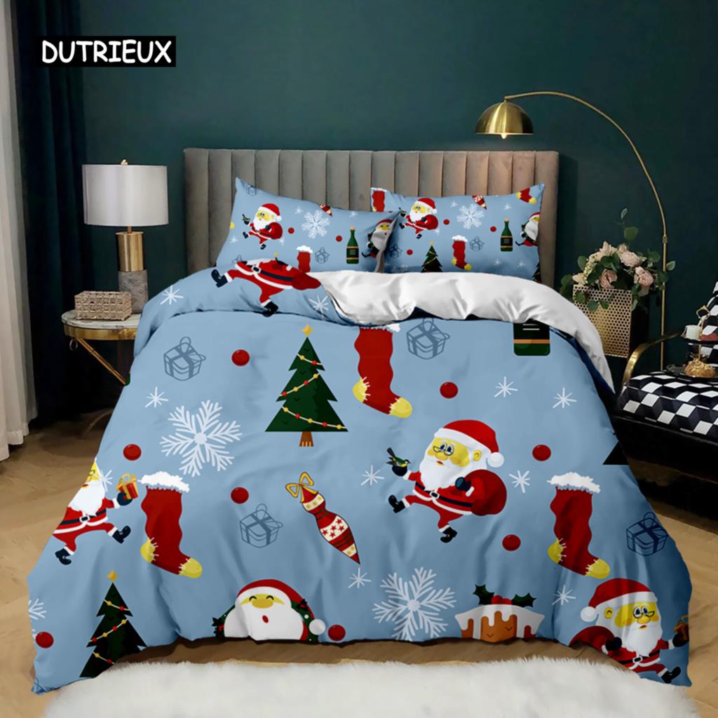 Set husă de plapumă de Crăciun Set de lenjerie de pat imprimat cu Moș Crăciun și reni Crăciun Fericit Crăciun Set de plapumă din poliester Lenjerie de pat moale