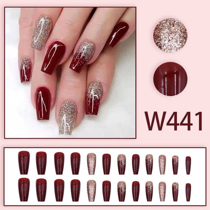 European and American Style Wine Red Bride Nail Art Set with Gold Glitter - 24 Reusable Pieces