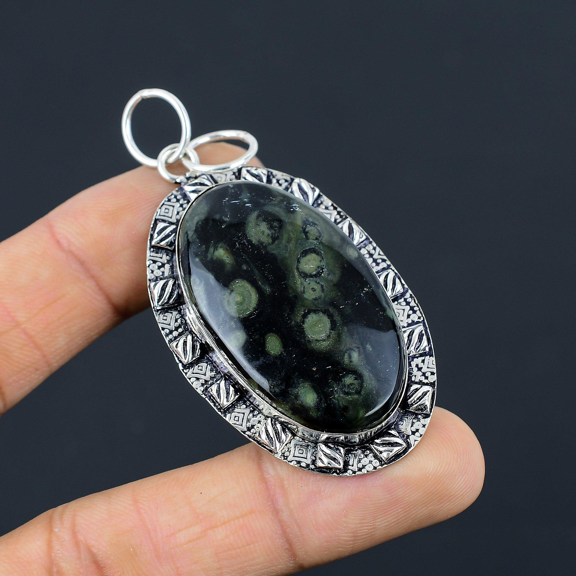 Oval Kambaba Jasper Stone Sister Handcrafted Bezel Art Deco Pendant 925 Silver