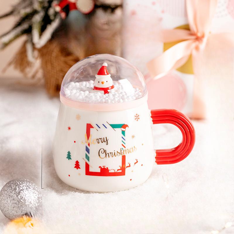 Christmas Cartoon Creative Snowman Super Cute Ceramic Cup with Lid Couple Flower Tea Cup Office Coffee Mug
