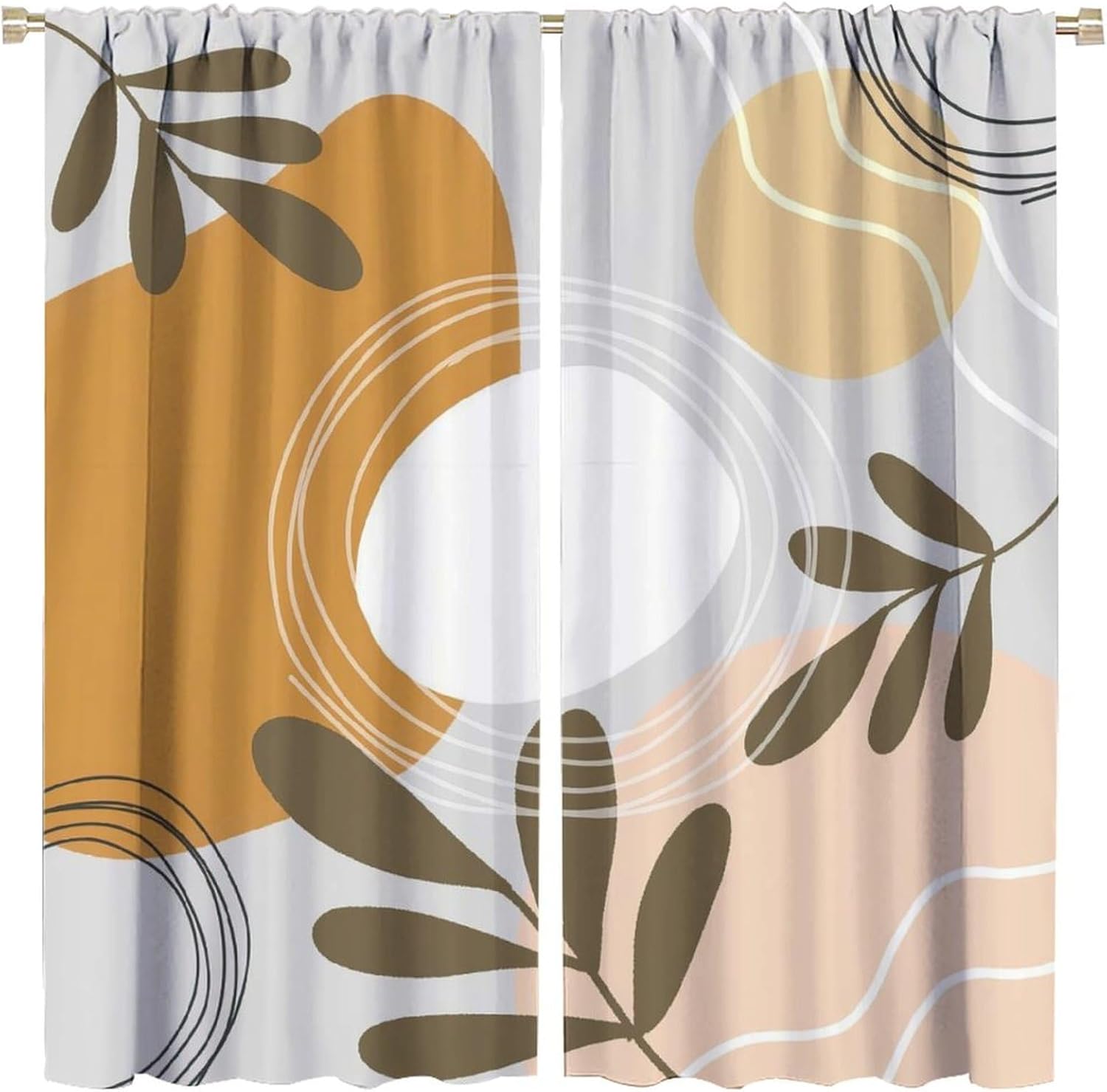 Nature Abstraction  Curta – Organic Shapes & Leaf Motifs In Earth Tones, Rod Pocket Drapes For Living Room Or Bedroom 53x116cm 2pc21x46in