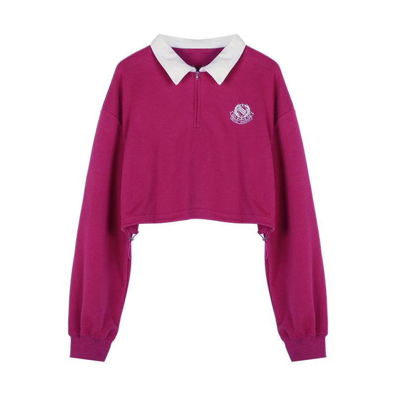 Women's Retro Embroidered Polo Collar Half-Zip Pullover - Long Sleeve, Spring/Autumn 2025