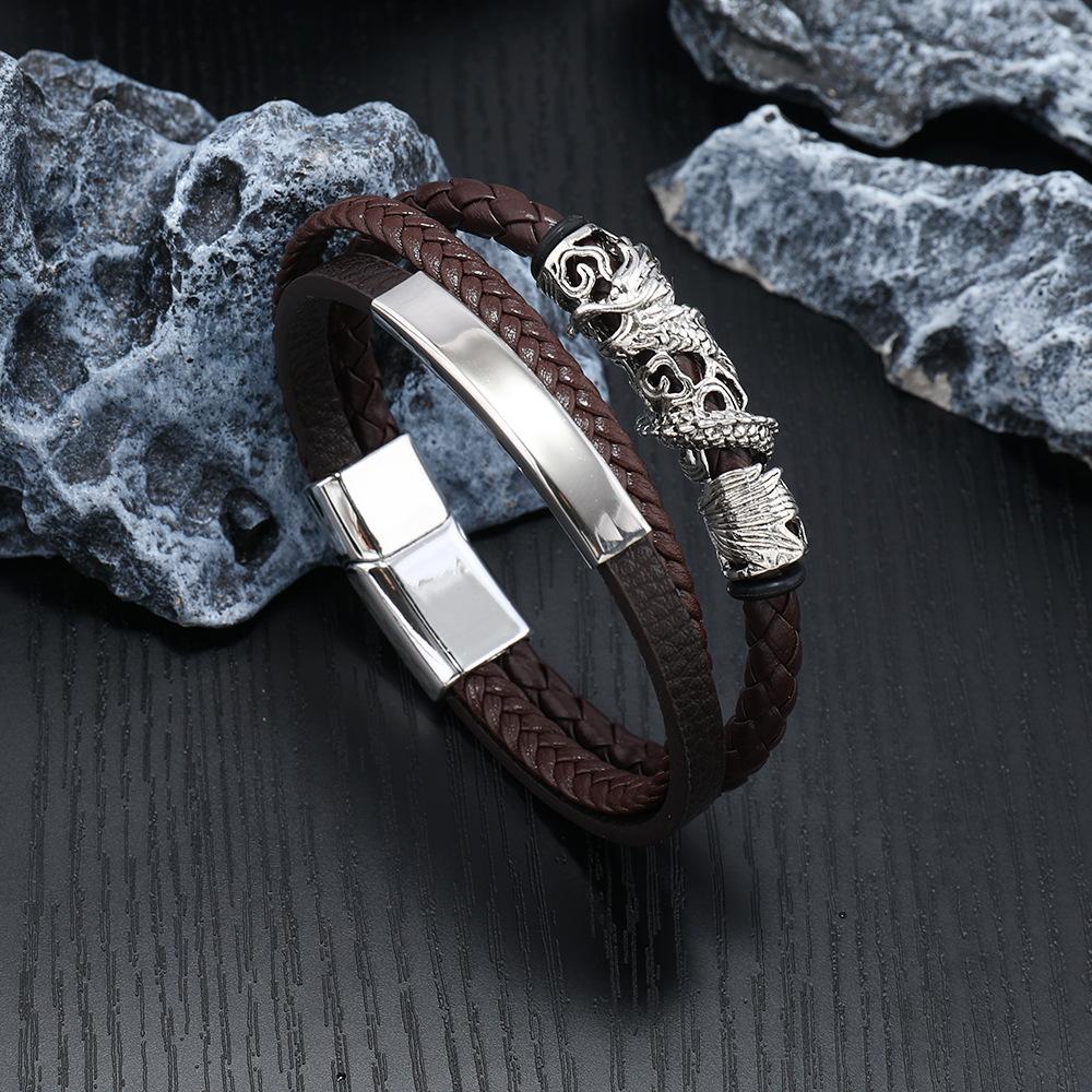 Multilayer Braided Leather Bracelet With Titanium Steel Buckle Punk Rope Wristband For Men