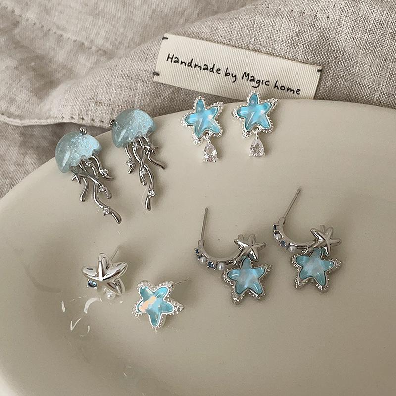 Fresh Blue Star Jellyfish Earrings - Unique, Fashionable, Elegant, Versatile Studs for Women