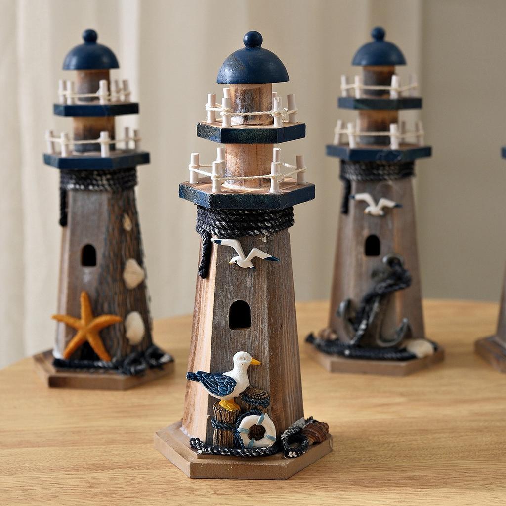 Ornamenti Faro in Legno Stile Mediterraneo Retrò Modello Torre di Guardia in Legno Artigianato da Tavolo Fai da Te Decorazioni per la Casa a Tema Oceanico