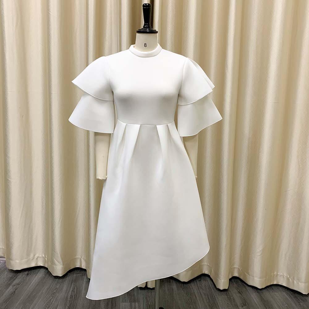 Women Elegant Party Dresses O Neck Flare Sleeve High Waisted A Line Mid Calf Solid Birthday Dinner Dress
