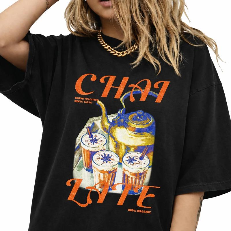 

Chai Latte Vintage TShirt Cozy Coffee Lover Graphic Tee Summer Unisexs and Womens Loose and Breathable Tshirt Top 4XL