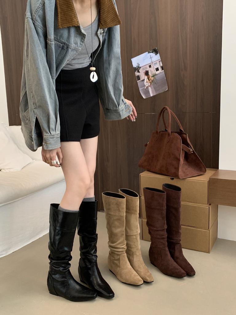 2025 New Suede Inner Western Cowboy Boots Stacked Long Boots Retro Flat Bottom But Knee Women's High Boots