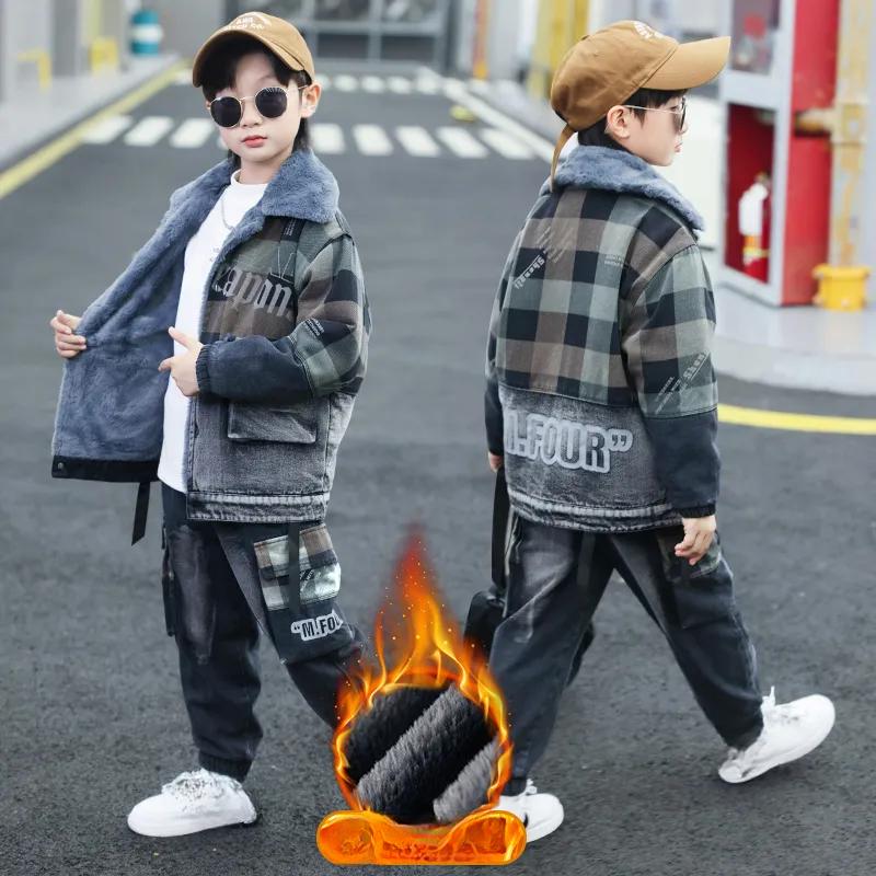 Children's Clothing Boys Winter Denim Suit Plus Velvet Thick Jacket Jeans 2-piece Boy
