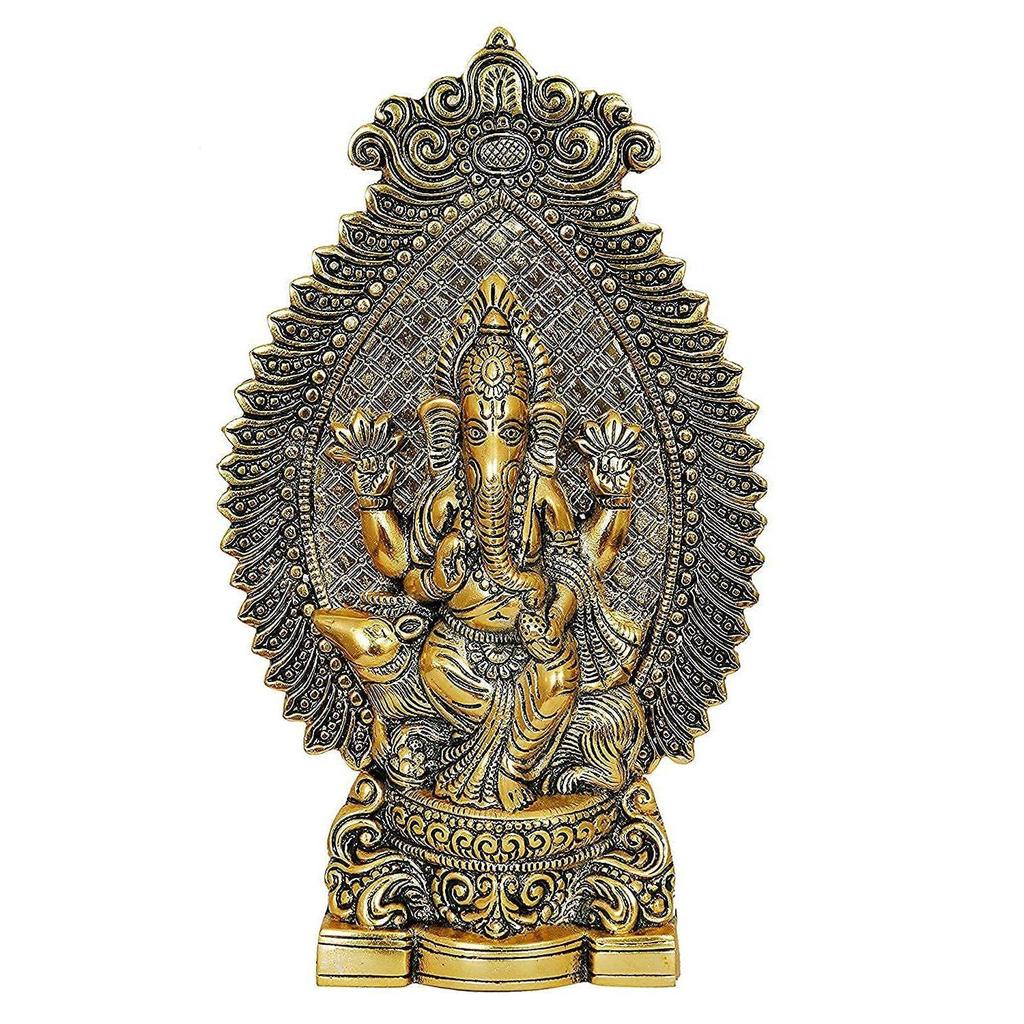 Metal Ganesh Idol Ganpati Sitting On Mouse Statue, Height 27 Cm, Gold Antique