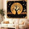 Tree Of Life Tapestry,Boho Design With Golden Tree,Moon Stars And Feathers On Black Background Print Wall Hanging For Home Decor