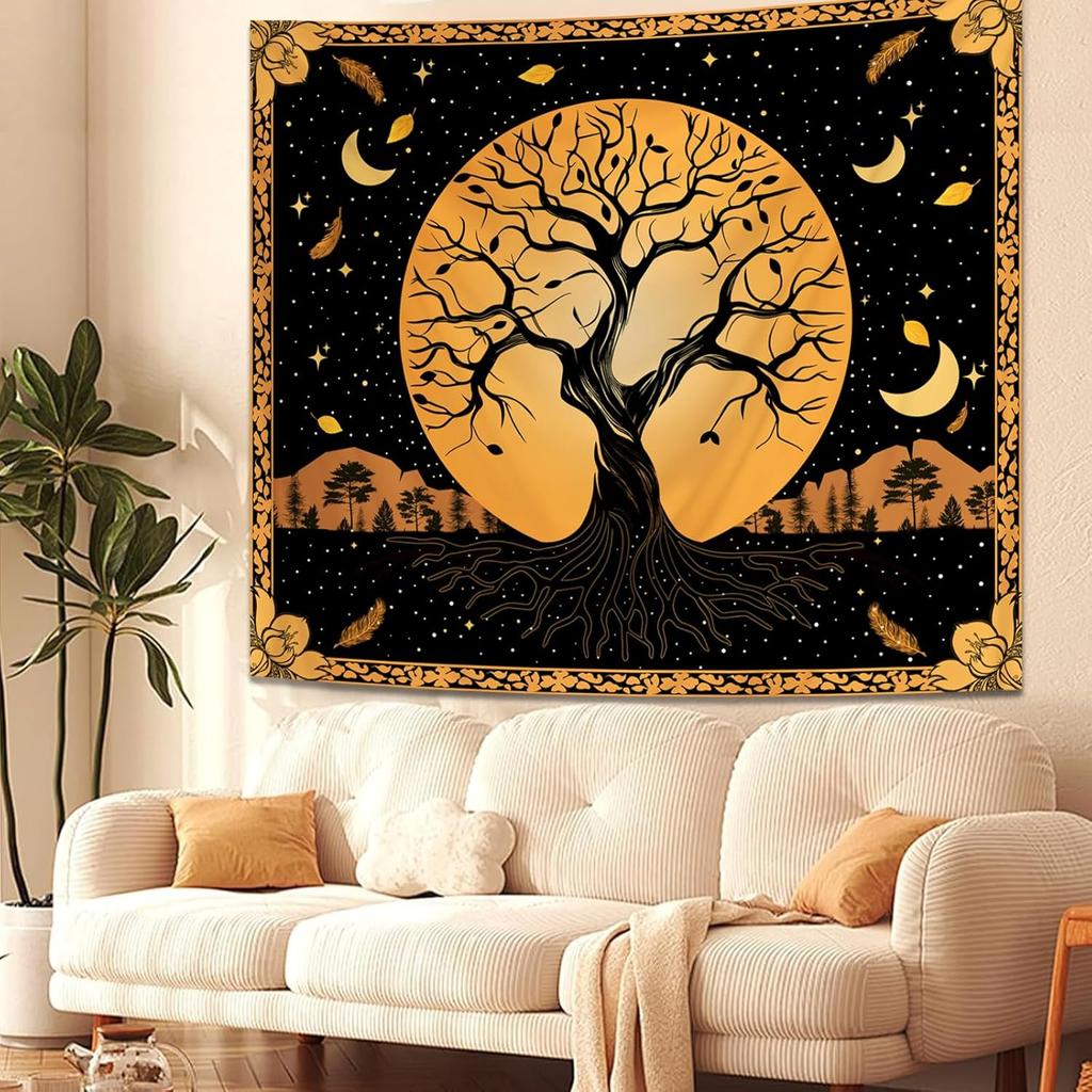 Tree Of Life Tapestry,Boho Design With Golden Tree,Moon Stars And Feathers On Black Background Print Wall Hanging For Home Decor