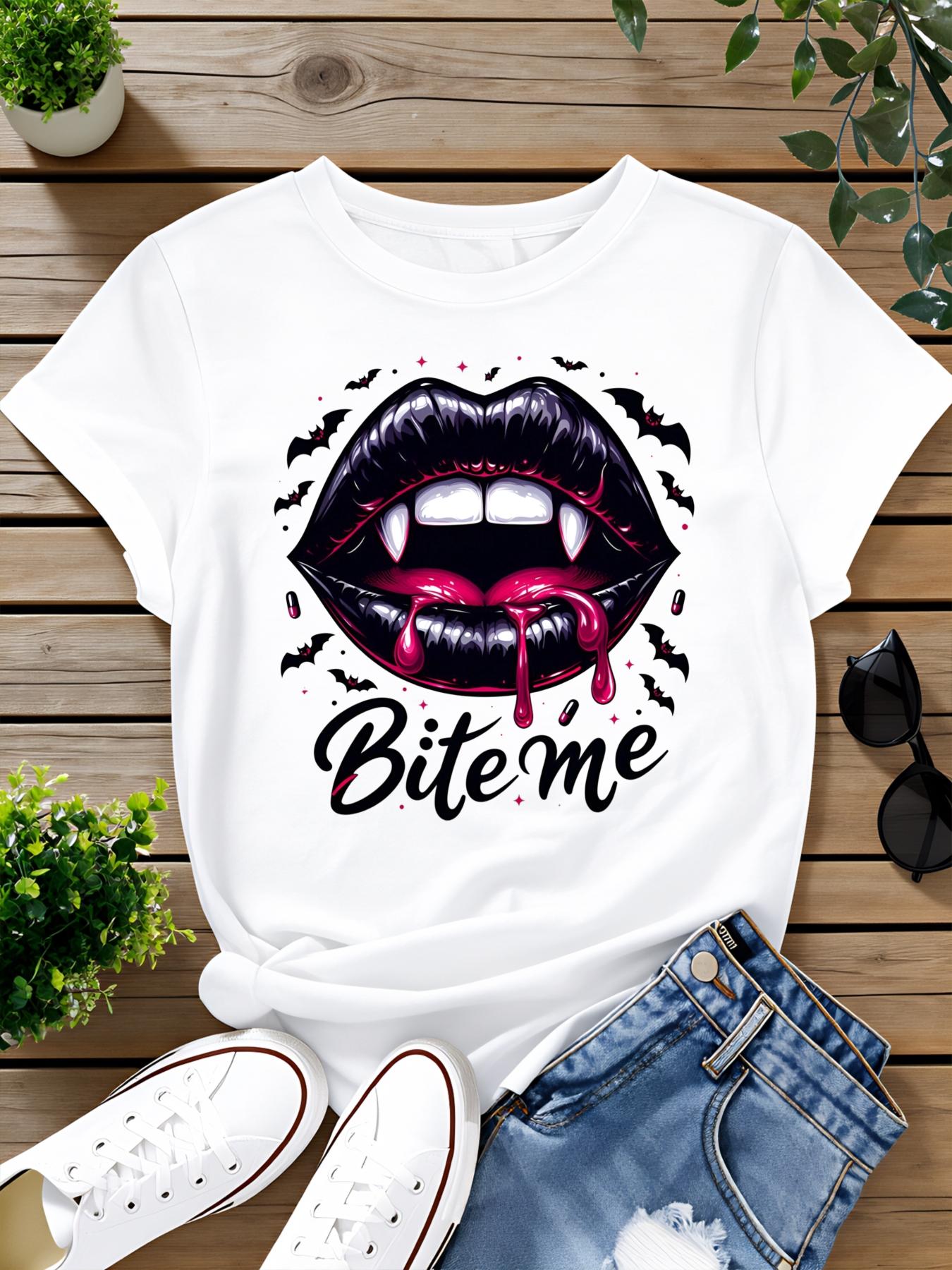 

Summer Fashion Women T Shirt Vampire Lips Bite Me Design Gothic Style Graphic Tee For Casual Outfits Party Wear Halloween Costume S разноцветный