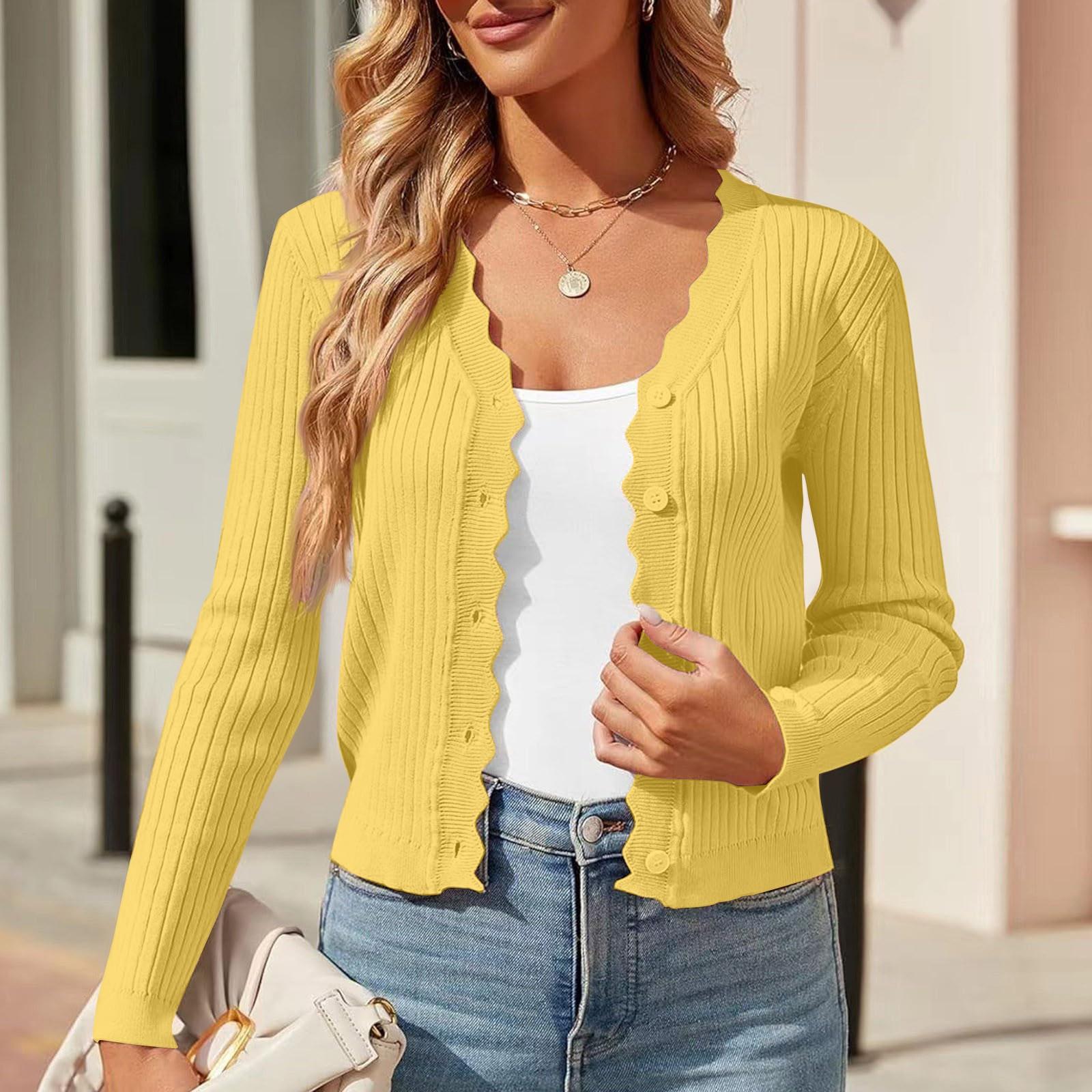 

Женский однотонный повседневный кардиган с фестончатым краем, V-образным вырезом, тонкий короткий вязаный жакет XL жёлтый