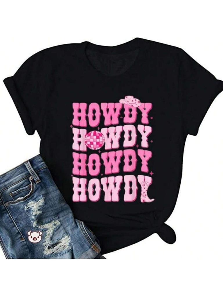 Cowgirl Shirt For Women Howdy Letter Print T Shirts Vintage Western Cowboy Hat Graphic Tee