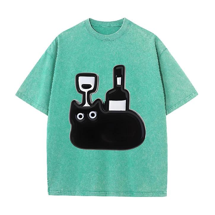 Vintage Acid Wash Oversized T Shirt for Women Men Funny Cartoon Black Cat Beverage Cup Print Short Sleeve Tee Y2K T-shirts