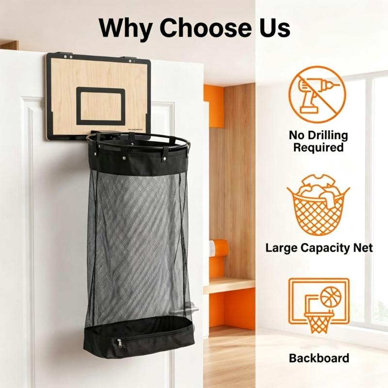 Wall-Mounted Basketball Laundry Hamper with Wood Rear Panel, Folding Steel Toss Frame, Removable Polyester Bag, and Lower Release Opening