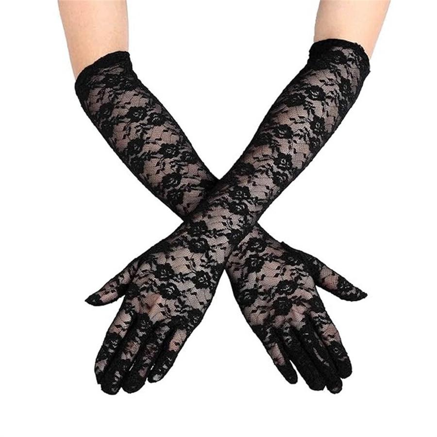 Women Elegant Long Lace Gloves, Floral Sheer Mesh Opera Gloves for Wedding Bridal, Tea Party, Costume, Cosplay, Prom, Sun Protection L чёрный