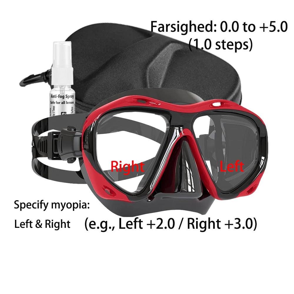 Individuell anpassbar +1,0 bis +5,0 Weitsichtigkeit Tauchmaske Farsighted Gehärtetes Glas Linsen, Ausrüstung für Männer Frauen, Antibeschlag Spray