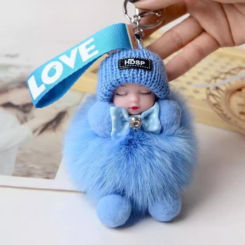 Cute Real Fox Fur Bag Pendant Sleeping Doll Car Keychain Plush Doll