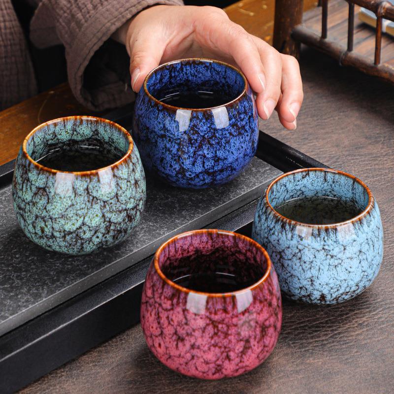 Live Hot Sale Gift Ceramic Kiln Change Non-Tipping Dragon Bottom Egg-Shaped Flower Tea Set Jian Zhan Single Cup Mast