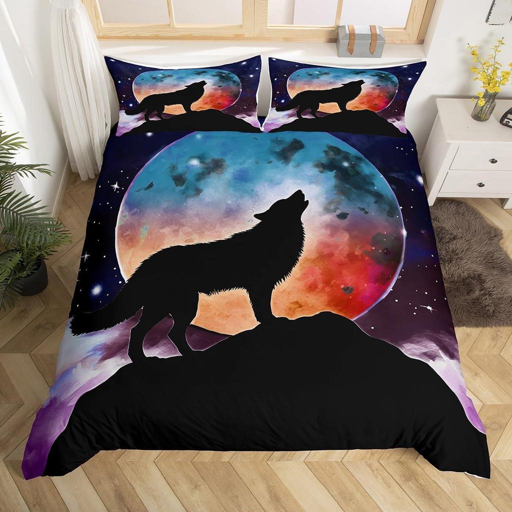 Comforter Wolf Twin King Size Roaring Wolves Wildlife Bedding Set Aurora Animals Galaxy Print Comforter For Kids Boys