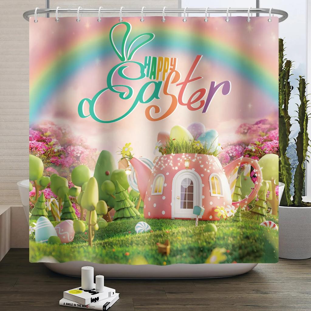Spring Easter Shower Curtain Happy Rabbit Bunny Eggs Flower Garden Floral Holiday Waterproof Bathroom Shower Curtain With Hooks