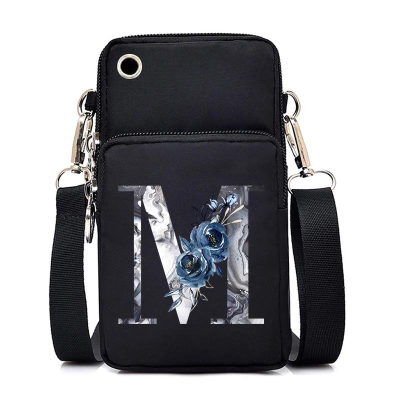 Blue Roses Alphabet Print Small Shoulder Bag 26 Letters Mini Crossbody Phone Bag for Women