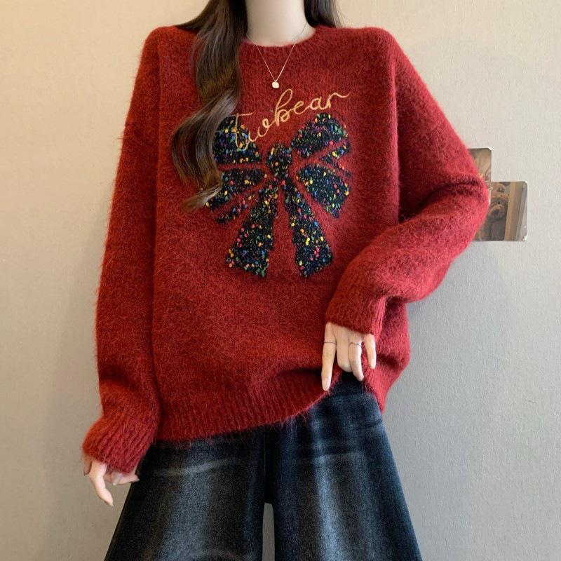 

2025 Women s Plus Size Bowknot Knit Sweater Top One size fits 90-135 jin красный